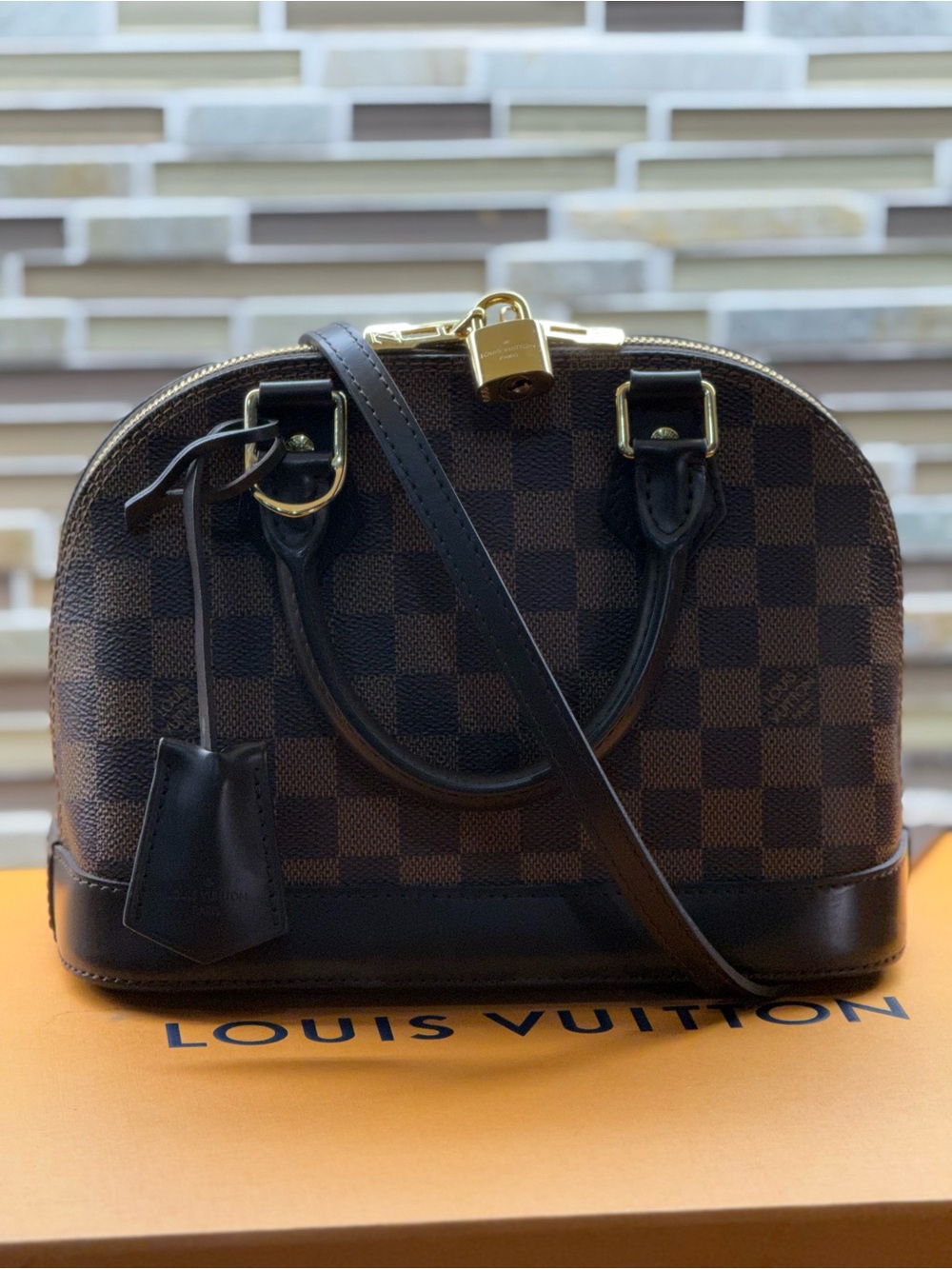 Louis Vuitton Alma BB Damier Ebene Brown Top Handle Zip Bag w/ Strap & Lock